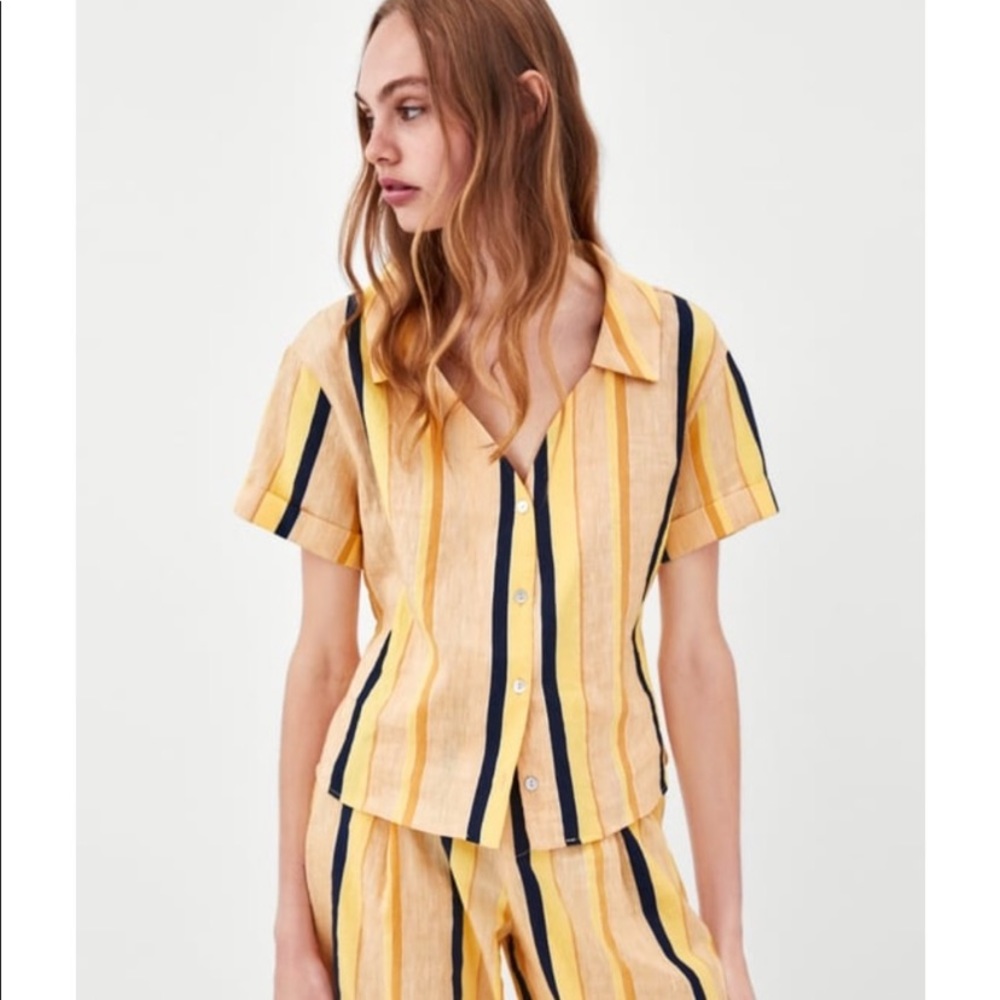 Zara yellow and blue striped linen tie-back top
